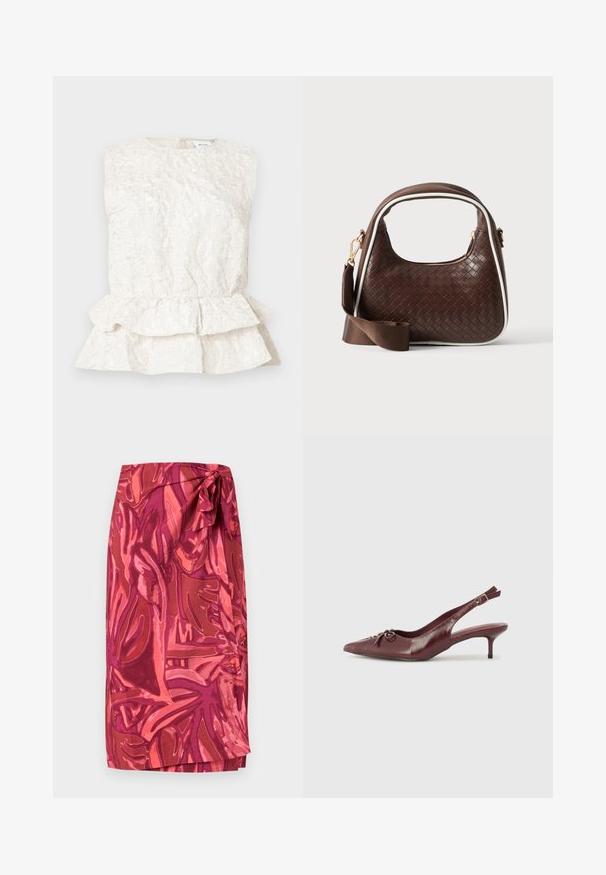 Blouse sans manches de couleur crème avec un tissu texturé et froissé, dotée d'un ourlet peplum superposé. Présente un col rond et une fermeture au dos.; Jupe portefeuille avec un motif floral abstrait rose et rouge, nouée en un nœud à la taille, longueur midi.; Talons slingback en cuir bordeaux avec un embout pointu, une sangle ajustable et un détail de nœud décoratif à l'avant. Hauteur du talon de 7,5 cm.; Sac à main en cuir tressé marron avec passepoil blanc, fermeture éclair dorée et bandoulière amovible en tissu marron.