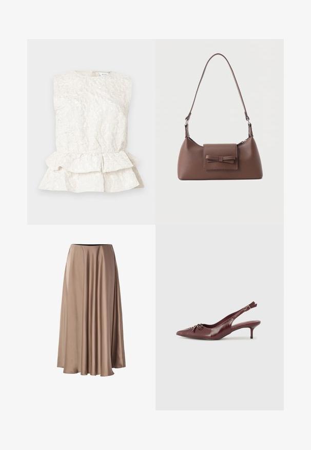 Cremefarvet ærmeløs bluse med en tekstureret, krøllet stof og en lagdelt peplum-bund. Har en rund halsudskæring og lukning bagpå.; Lang A-linjeet nederdel lavet af glat, blankt stof i en lys beige farve. Har en elastisk talje og en flydende draperet design.; Bordeaux læder slingback hæl med spidse tå, justerbar rem og dekorativ sløjfedetalje foran. 7,5 cm hælhøjde.; Brun skuldertaske i læder med en frontlomme med klap, der har en sydd sløjfedetalje, og en justerbar rem.