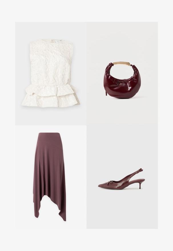 Cremefarvet ærmeløs bluse med en tekstureret, krøllet stof og en lagdelt peplum-bund. Har en rund halsudskæring og lukning bagpå.; Asymmetrisk mauve midi-nederdel med høj talje og flydende stofpaneler på hvid baggrund.; Bordeaux læder slingback hæl med spidse tå, justerbar rem og dekorativ sløjfedetalje foran. 7,5 cm hælhøjde.; Bordeaux farvet faux læder handbag med en afrundet form, samling detaljer og et guldtonet metalhåndtag. Glat tekstur og blank finish.