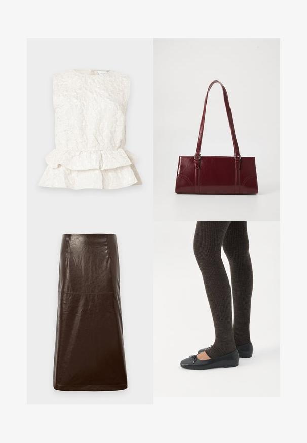Crèmekleurige mouwloze blouse van een textuurstof met een gekreukeld uiterlijk en een gelaagde peplumzoom. Voorzien van een ronde halslijn en sluiting aan de achterkant.; Bruine leren rok met een gladde textuur, rechte silhouet en subtiele glans. Heeft een knie-lange snit en minimale stikdetails.; Benen met donkere geribbelde leggings gecombineerd met zwarte ballerina's met kleine strikdetails op een witte achtergrond.; Bourgondische handtas van glanzend materiaal, rechthoekige vorm, met twee schouderbanden en subtiele gebogen accenten aan de voorkant.