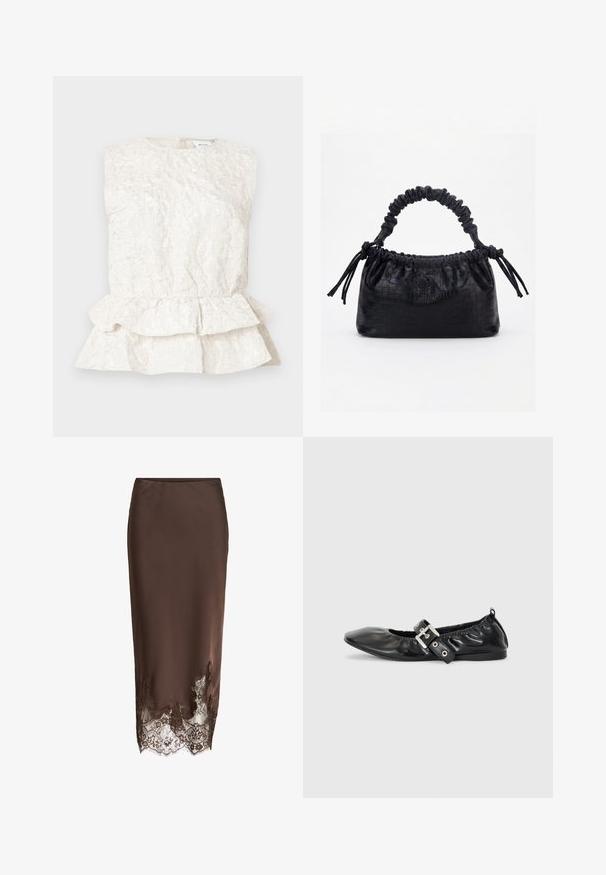 Cremefarvet ærmeløs bluse med en tekstureret, krøllet stof og en lagdelt peplum-bund. Har en rund halsudskæring og lukning bagpå.; Brun satin midinederdel med blonderand med indviklede blomster mønstre og bølgede kanter.; Sorte læder flade sko med spids tå, samling detaljer omkring åbningen, og en sølv spænde accent på den justerbare rem.; Sort taske med krokodilletekstur, rynket øverste kant, samlet hank og snore med kvaster på hver side mod en hvid baggrund.