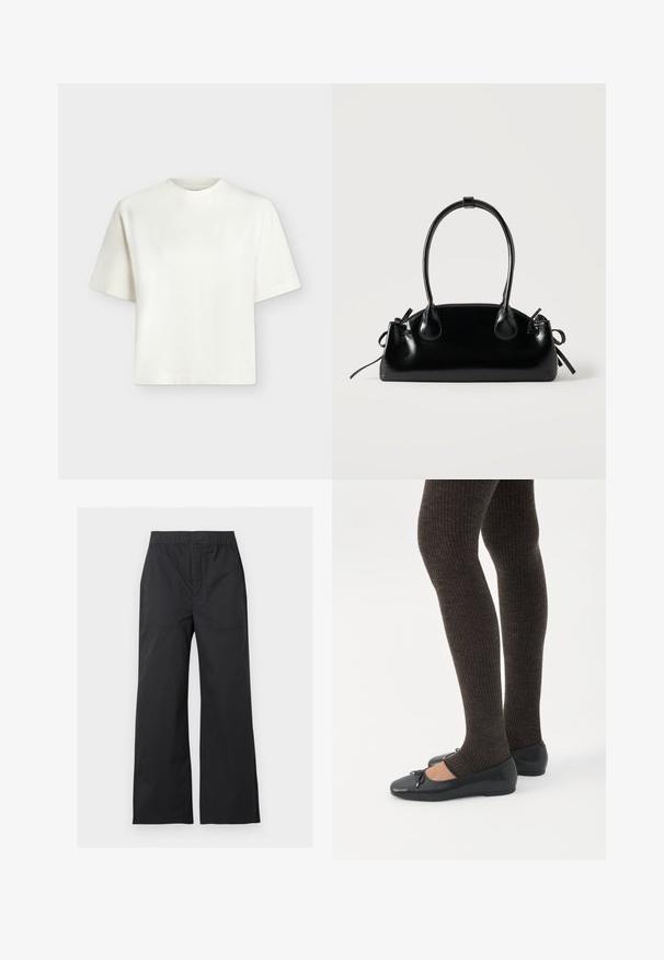 T-shirt blanc uni à manches courtes, col rond et coupe ample et carrée sur un fond gris clair.; Pantalon noir à jambes larges avec taille élastique et poches plaquées à l'avant, présenté sur un fond gris clair.; Jambes portant des leggings côtelés foncés associés à des ballerines noires avec de petits détails en nœud sur fond blanc.; Petit sac à main noir brillant avec deux longues anses et des détails à cordon sur les côtés sur un fond clair uni.
