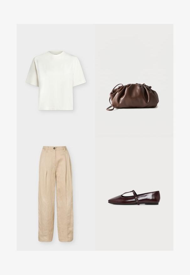 T-shirt blanc uni à manches courtes, col rond et coupe ample et carrée sur un fond gris clair.; Pantalon beige à jambes larges avec plis avant, passants de ceinture, fermeture par bouton et finition lisse.; Chaussure plate en cuir bordeaux foncé avec un bout pointu et une fine bride en T avec une boucle argentée sur fond blanc.; Sacoche en cuir marron doux avec un haut froncé et une fine bandoulière, posée sur un fond blanc.
