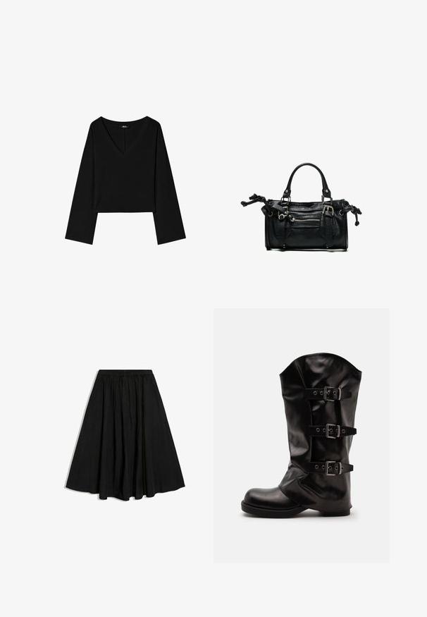 Schwarzes langärmliges Cropped-Top mit tiefem V-Ausschnitt, geraden Ärmeln und lockerem Sitz.; Schwarzer A-Linien-Midirock mit elastischem Bund und dezenten Falten, dargestellt auf weißem Hintergrund.; Schwarzer Lederstiefel bis zur Mitte der Wade mit rundem Zehenbereich und drei verstellbaren Riemen mit Metallschnallen an der Seite.; Schwarze Lederhandtasche mit zwei Griffen, vorderer Reißverschlusstasche, Schnallendetails und verknoteten Kordelseiten vor weißem Hintergrund.