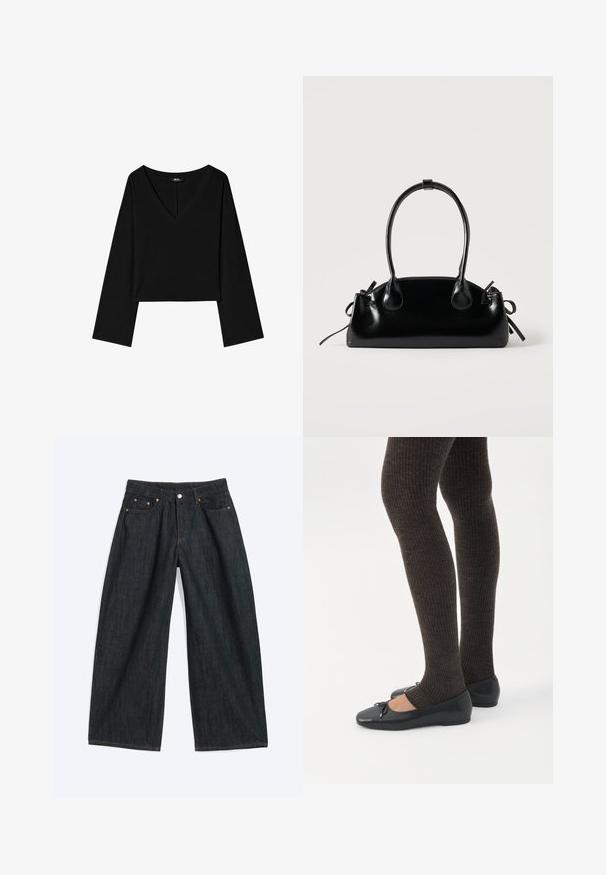 Schwarzes langärmliges Cropped-Top mit tiefem V-Ausschnitt, geraden Ärmeln und lockerem Sitz.; Dunkelblaue Jeans mit weitem Bein, vorne mit Knopf und Reißverschluss, Gürtelschlaufen und fünf Taschen, flach auf weißem Hintergrund liegend.; Beine in dunklen, gerippten Leggings kombiniert mit schwarzen Ballerinas mit kleinen Schleifendetails auf weißem Hintergrund.; Kleine schwarze glänzende Handtasche mit zwei langen Griffen und seitlichen Kordelzug-Details vor einfachem hellem Hintergrund.