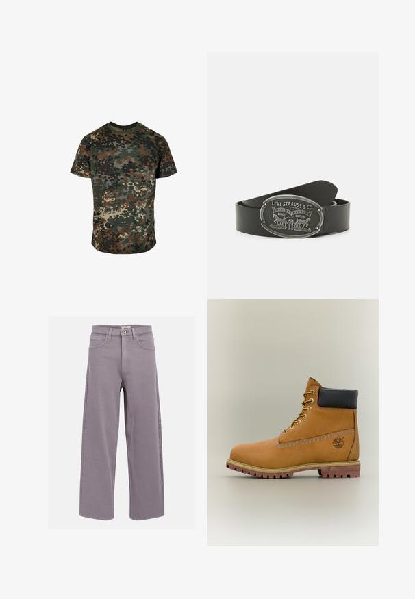 Camiseta de camuflaje hecha de algodón, con un estampado multicolor en verde, marrón y negro. Cuello redondo y mangas cortas.; Jeans rectos en color lavanda-gris, con bolsillos delanteros y traseros, pasadores para cinturón y cierre de botón en la cintura.; Bota de tobillo de cuero marrón con cuello negro, cordones amarillos y suela beige. Presenta un logotipo y detalles de costura blanca. Suela exterior con tracción robusta.; Cinturón de cuero negro con una hebilla ovalada de plata decorada con gráficos y texto grabados, incluyendo un motivo de caballo y el nombre de la marca.