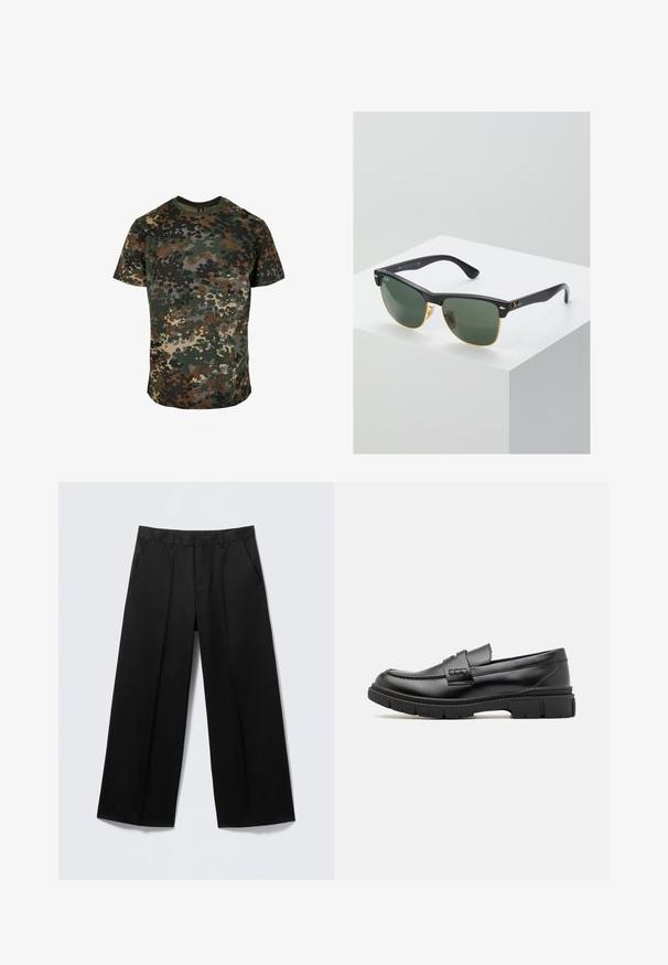 Tarnfarbenes T-Shirt aus Baumwolle mit einem mehrfarbigen Muster in Grün, Braun und Schwarz. Rundhalsausschnitt und kurze Ärmel.; Schwarze Hosen mit weitem Bein, Gürtelschlaufen, Vordertaschen und Reißverschluss, auf einem hellgrauen Hintergrund präsentiert.; Schwarze Lederloafer mit einem breiten Riemen über dem Rist, Gummisohle mit dicken Profilen und glatter Textur. Klassisches, schlankes Design.; Ray-Ban Sonnenbrillen mit grünen Gläsern, schwarzen Kunststoffrahmen und goldenen Akzenten an den Rändern. Quadratische Form mit matter Oberfläche.