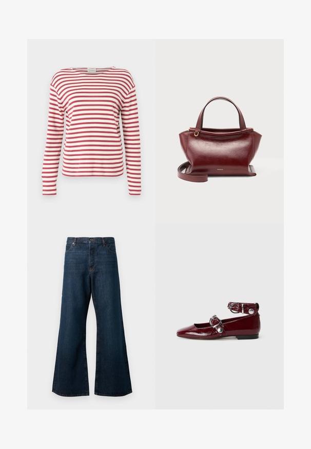 CLOSED LONG SLEEVE - Langarmshirt - cherry red; Dunkelblaue weit geschnittene Jeans aus Denim, mit hoher Taille, Fünf-Taschen-Design und kontrastierenden orangefarbigen Nähten entlang der Nähte.; Burgunderfarbene patentierte Ballerinas mit spitzer Zehenform, einem Knöchelriemen mit einer silbernen Schnalle und einem niedrigen Absatz. Glatte Oberfläche.; Dunkelrote Lederhandtasche mit zwei oberen Griffen, abnehmbarem Schulterriemen, goldfarbenen Beschlägen und dem Markennamen Wandler vorne mittig.