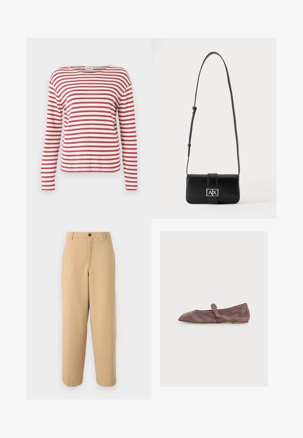 CLOSED BASIC - Langærmet T-shirt - cherry red; CLOSED WRENNA - Bukser - urban beige; Brun ruskinds Mary Jane flad sko med en tynd rem og gyldenspænde, lav hæl og rund tå, set fra siden på en hvid baggrund.; Sort læder skuldertaske med justerbar rem og sølv rektangulær lukning med bogstaverne A og X på en ensfarvet baggrund.