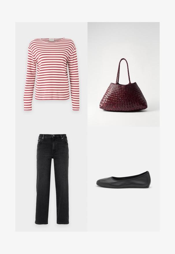 CLOSED BASIC - Langærmet T-shirt - cherry red; Sorte denim jeans med lige pasform. Har en knaplukning, fem-lomme design og minimale syninger. Glat tekstur.; Sort læderballetsko med rund tå, glat tekstur, minimal syning og et fleksibelt såldesign.; DRAGON DIFFUSION SANTA CROCE BIG - Håndtasker - bordo