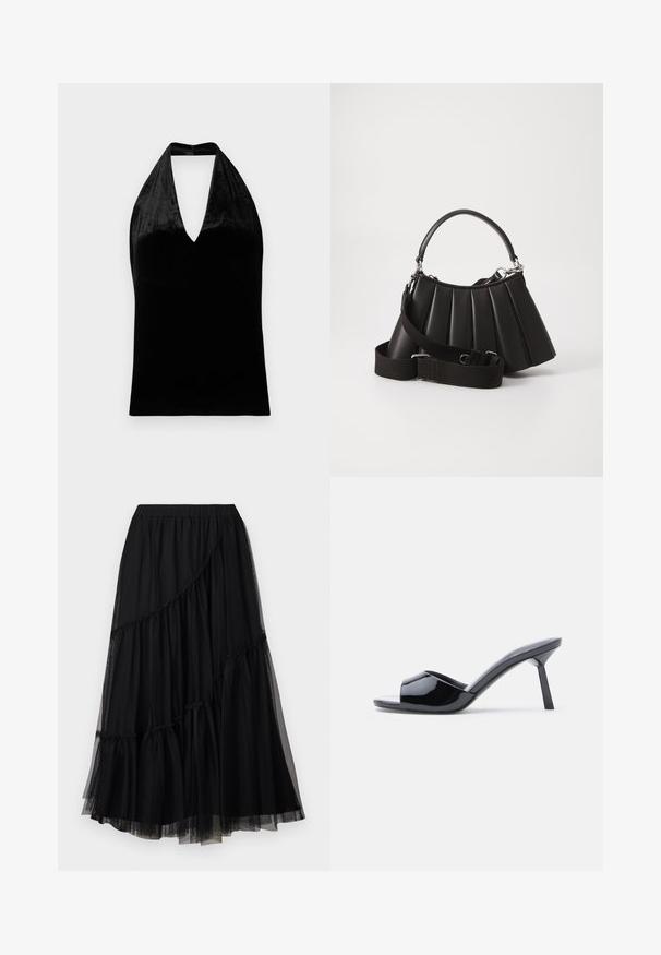 Zwarte fluwelen haltertop met diepe V-hals en brede bandjes, mouwloos met een gladde, zachte textuur.; TWINSET SKIRT - A-lijn rok - nero; Zwarte lakleren open-teen sandalen met hak, met een gebogen bovenkant ontwerp en een taps toelopende naaldhak. Gladde glanzende afwerking.; Zwarte geplooide handtas met een ronde handgreep, verstelbare schouderriem en glanzende textuur. Heeft zilveren hardware en een gestructureerde silhoutte.