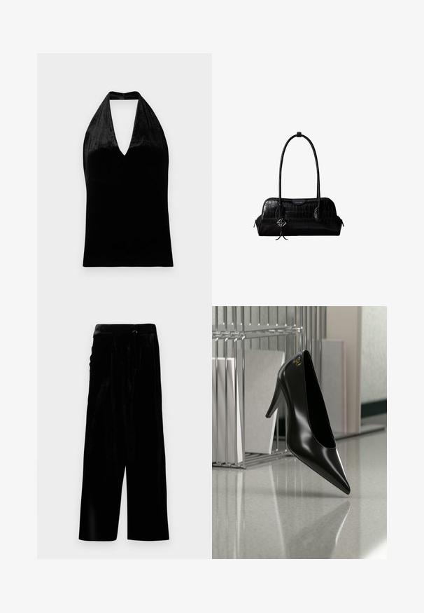 Top halter de terciopelo negro con escote en V profundo y tirantes anchos, sin mangas y con una textura suave y lisa.; Pantalones de terciopelo negro de pierna ancha con cintura alta y cierre de cremallera lateral, mostrados sobre un fondo blanco.; Zapato de tacón alto negro con punta afilada y logo dorado, colocado sobre una superficie reflectante cerca de un organizador de archivos de alambre cromado con documentos.; Bolso de hombro negro de cuero con textura de cocodrilo, con correas largas y un pequeño colgante de logo plateado en una correa.