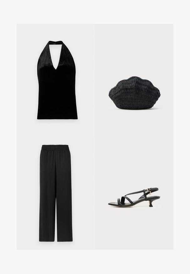 Schwarzes Samt-Haltertop mit tiefem V-Ausschnitt und breiten Trägern, ärmellos mit einer glatten, weichen Textur.; Schwarze weit geschnittene Hose mit elastischem Bund, aus einem glatten, leichten Stoff gefertigt. Hat einen geraden Schnitt und keine sichtbaren Muster.; Schwarze Ledersandale mit niedrigem Kittenabsatz, Knöchelschnalle und kleinem goldfarbenem Anhänger vor einfachem hellem Hintergrund.; Schwarze Korbtasche in Muschelform mit gebogenem Oberteil und gewebter Textur auf einfarbigem Hintergrund.