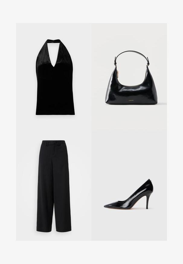 Top halter de terciopelo negro con escote en V profundo y tirantes anchos, sin mangas y con una textura suave y lisa.; Pantalones de pierna ancha negros, hechos de una tela suave, con un diseño de frente plano, detalles plisados y trabillas en la cinturilla.; Zapato de salón de charol negro con tacón alto y punta afilada, con textura suave y tacón de aguja delgado. Sin herrajes visibles.; Bolso negro brillante de Calvin Klein con cremallera dorada y correa corta sobre un fondo blanco liso.