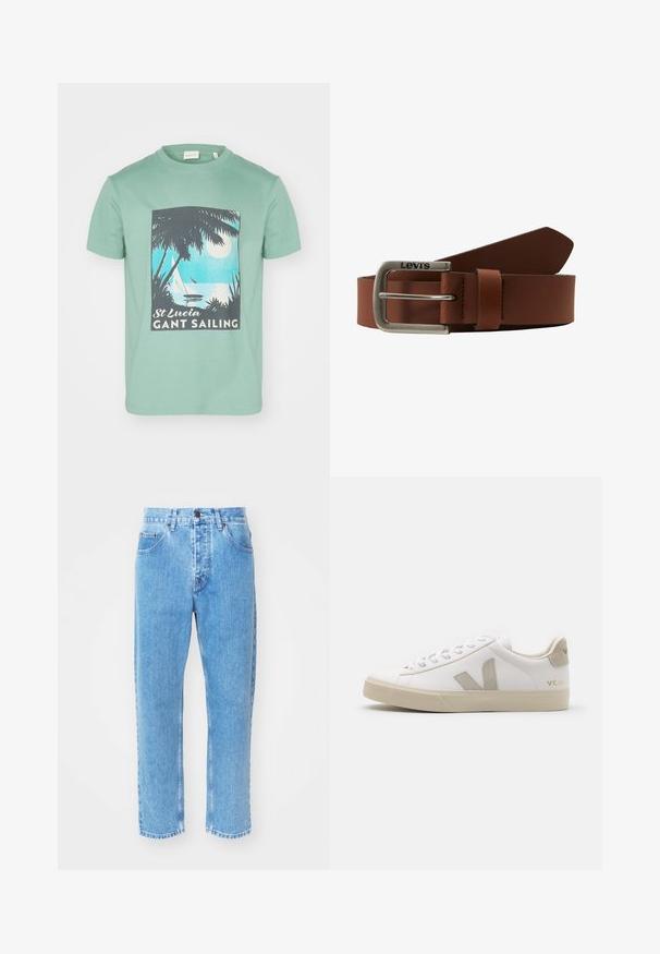 Mintgrünes Baumwoll-T-Shirt mit einem grafischen Druck von Palmen, einem Mond und Segelbooten, beschriftet mit "St. Lucia GANT Sailing."; Hellblaue Denim-Jeans verfügen über ein gerades Bein-Design, fünf Taschen und einen klassischen Knopfverschluss am Bund.; Weiße Ledersneaker mit beigen Akzenten, flacher Gummisohle, runder Zehenpartie und kontrastierendem Logo an der Seite und Rückseite. Mit Schnürdesign.; Brauner Leder-Gürtel mit einer silbernen rechteckigen Schnalle, die ein Logo und gestickte Akzente aufweist und sich zum Ende hin verjüngt.
