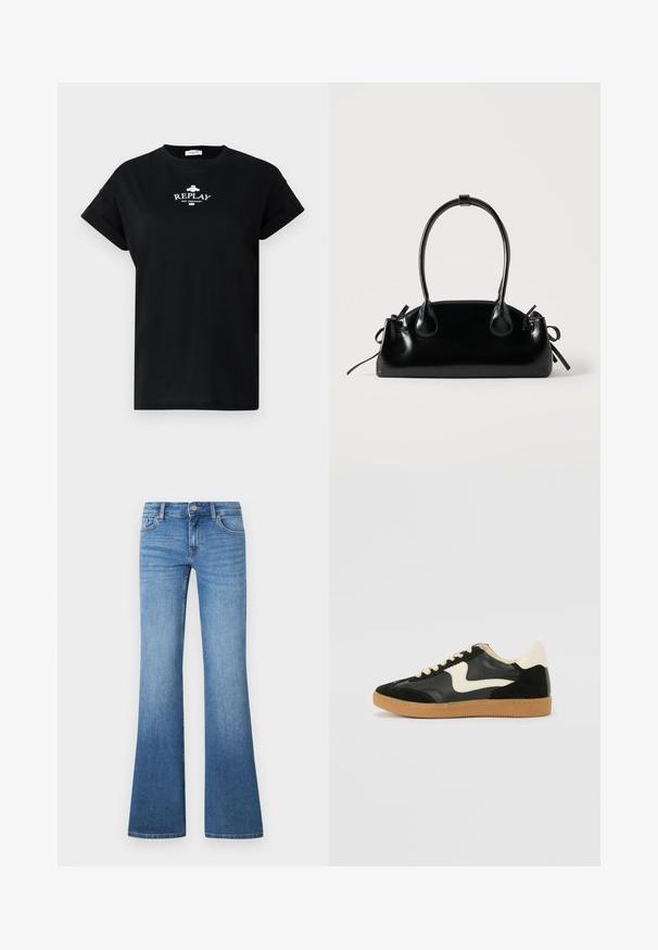 T-shirt en coton noir avec un col rond et des manches courtes retroussées. Présente le logo blanc "REPLAY NOT ORDINARY" sur le devant.; Jean flare bleu clair en denim. Comprend un design à cinq poches, une fermeture par bouton métallique et un léger délavage près des genoux.; Baskets en daim et cuir noir avec un swoosh latéral crème et un talon crème clair. Dotées de lacets beige et d'une semelle en caoutchouc gomme.; Petit sac à main noir brillant avec deux longues anses et des détails à cordon sur les côtés sur un fond clair uni.