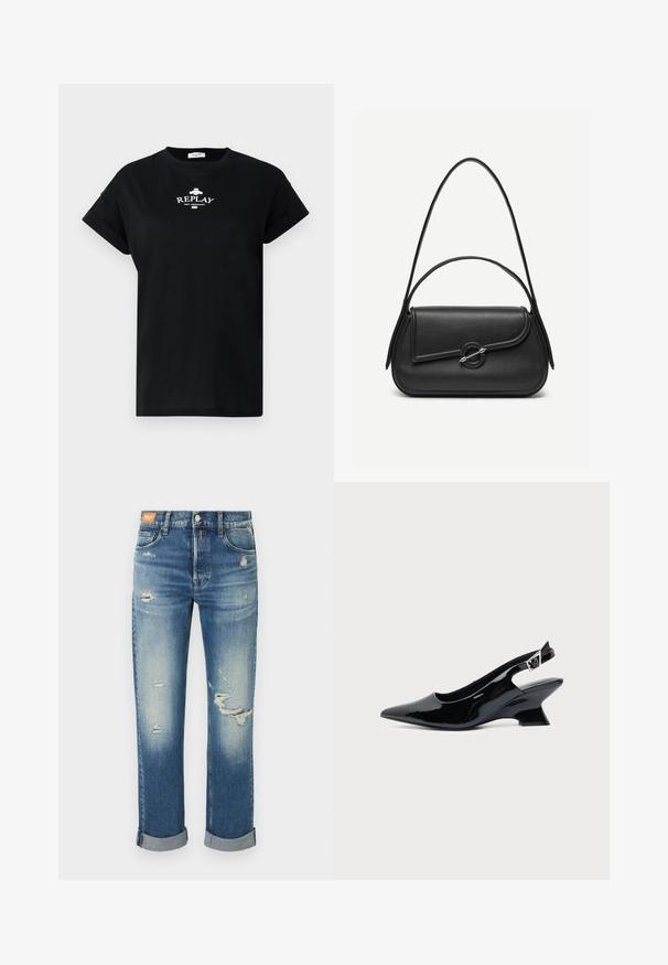T-shirt en coton noir avec un col rond et des manches courtes retroussées. Présente le logo blanc "REPLAY NOT ORDINARY" sur le devant.; Jean en denim bleu clair avec une coupe décontractée, des détails usés et des revers sur les ourlets. Il présente une fermeture à bouton et un design à cinq poches.; Chaussure slingback en cuir verni noir avec bout pointu et petit talon bloc incliné sur fond clair uni.; Sac à main en cuir noir avec bords arrondis, rabat asymétrique, fermoir circulaire en métal, et des bandoulières courtes et longues.