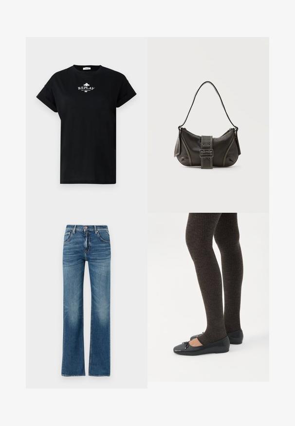 T-shirt en coton noir avec un col rond et des manches courtes retroussées. Présente le logo blanc "REPLAY NOT ORDINARY" sur le devant.; Jean en denim bleu clair avec une taille haute, jambes évasées et des zones légèrement usées, comprenant cinq poches et une fermeture à bouton.; Jambes portant des leggings côtelés foncés associés à des ballerines noires avec de petits détails en nœud sur fond blanc.; Sac à épaule en cuir noir avec une sangle à boucle, des bords arrondis et des coutures blanches contrastées sur un fond uni.