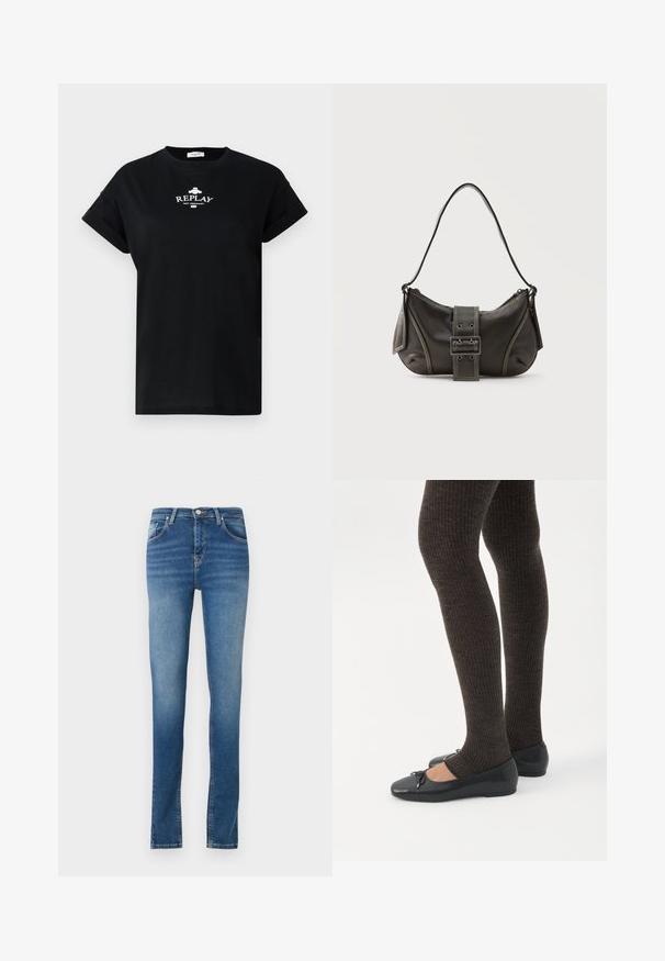 T-shirt en coton noir avec un col rond et des manches courtes retroussées. Présente le logo blanc "REPLAY NOT ORDINARY" sur le devant.; Jeans en denim bleu délavé avec une coupe droite. Équipés d'une fermeture à bouton et à zip, de cinq poches et de détails de couture minimaux.; Jambes portant des leggings côtelés foncés associés à des ballerines noires avec de petits détails en nœud sur fond blanc.; Sac à épaule en cuir noir avec une sangle à boucle, des bords arrondis et des coutures blanches contrastées sur un fond uni.
