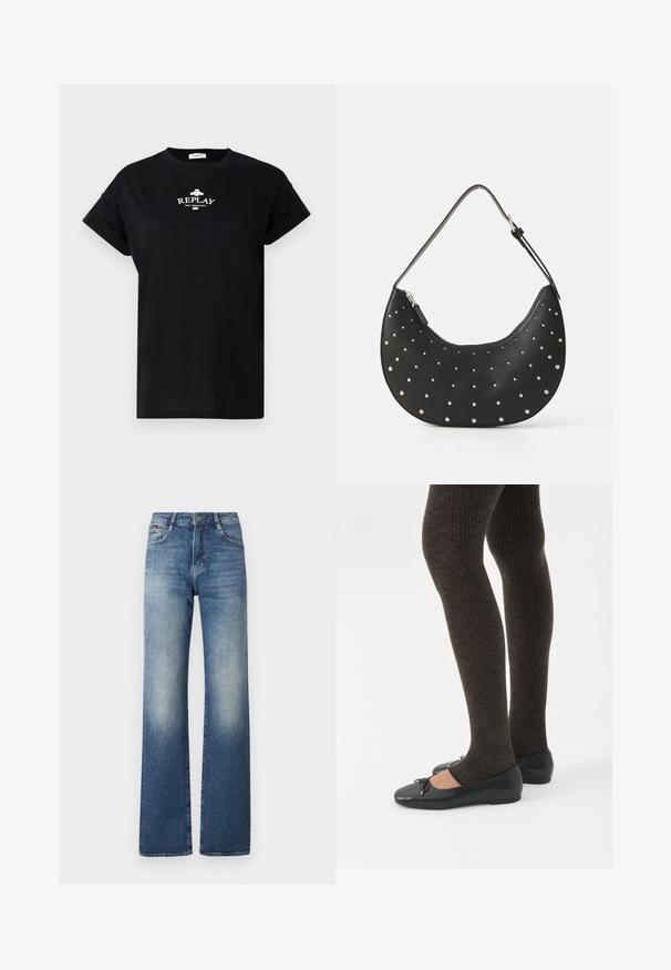 T-shirt en coton noir avec un col rond et des manches courtes retroussées. Présente le logo blanc "REPLAY NOT ORDINARY" sur le devant.; Jeans bleu taille haute avec une finition délavée, jambes larges, design à cinq poches, et fermeture à bouton en métal à la taille.; Jambes portant des leggings côtelés foncés associés à des ballerines noires avec de petits détails en nœud sur fond blanc.; Sac à main en cuir noir avec une forme arrondie, orné de clous en argent, doté d'une fermeture éclair et d'une seule sangle ajustable.