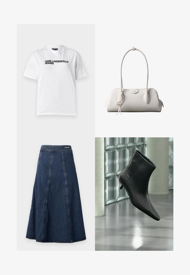 Hvid bomulds T-shirt med rund halsudskæring, korte ærmer og sort trykt tekst med ordene "KARL LAGERFELD JEANS" henover brystet.; Denim A-line nederdel i mørkeblå, med høj talje og sømdetaljer. Stoffet har en glat tekstur med en subtil glans.; Sort læderankelstøvle med spids tå og lav kitten-hæ, vist vinklet mod en poleret gulv- og glasblokvæg.; Hvid Calvin Klein skuldertaske med lange håndtag, rektangulær form, lynlåslukning og dekorativt logohæng tæt på håndtaget.