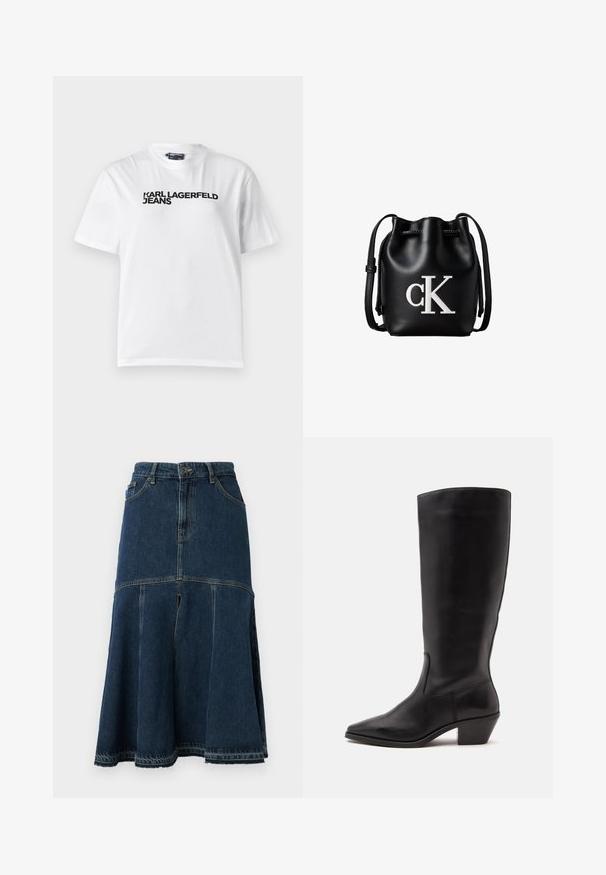 Hvid bomulds T-shirt med rund halsudskæring, korte ærmer og sort trykt tekst med ordene "KARL LAGERFELD JEANS" henover brystet.; Denimnederdel i mørkeblå med en udvidet form, der har høj talje, forlommer og en rå kant. Slidt tekstur og syning detaljer.; Sort læderstøvle til midtkalv med spids tå og lavt skråt hæl på en enkel lys baggrund.; Sort læder bucket taske med snørelukning på toppen og hvidt "cK" logo foran, med justerbar skulderrem.