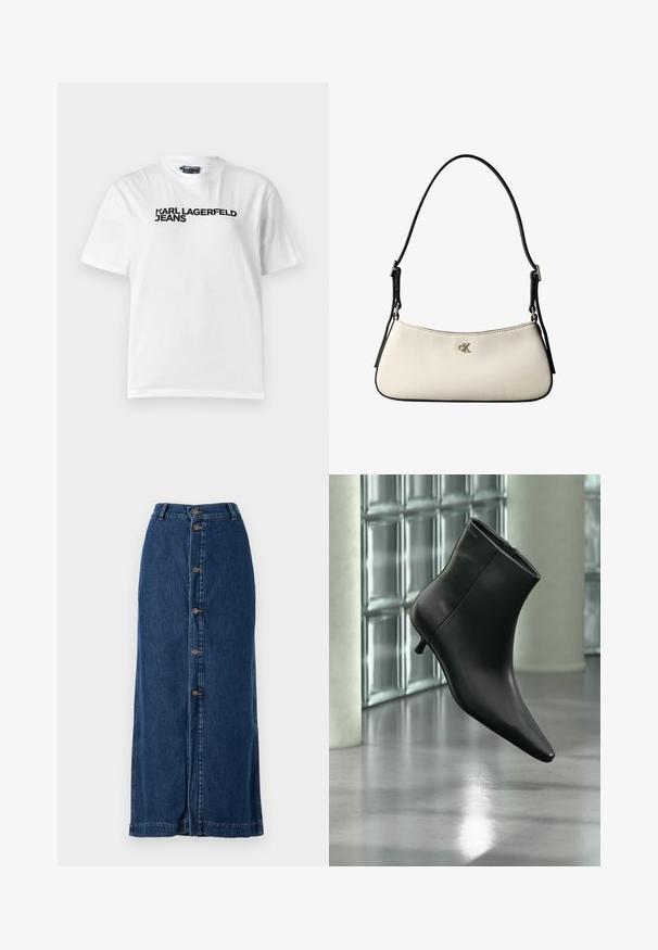 Weißes Baumwoll-T-Shirt mit Rundhalsausschnitt, kurzen Ärmeln und schwarzem Drucktext "KARL LAGERFELD JEANS" über der Brust.; Dunkelblaue Denim-Maxiröcke mit einer Knopfleiste vorne und seitlichen Schlitzen, gerader Silhouette und gesticktem Saum.; Schwarzer Leder-Stiefelette mit spitzer Zehenpartie und niedrigem Kitten-Heel, schräg dargestellt vor einem polierten Boden und einer Glasbausteinwand.; Kleine schultertasche in cremefarben mit schwarzem Besatz, verstellbarem schwarzem Riemen und silbernem "cK"-Logo in der Mitte vorne.