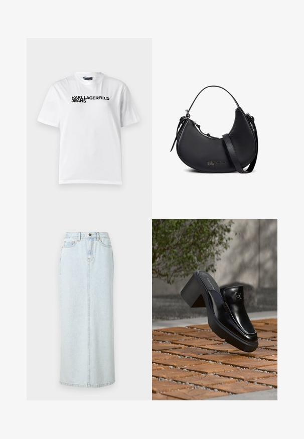 Hvid bomulds T-shirt med rund halsudskæring, korte ærmer og sort trykt tekst med ordene "KARL LAGERFELD JEANS" henover brystet.; Lyseblå denim maxi-nederdel med lige design, frontknaplukning og synlige syninger. Har to frontlommer.; Sort læder Calvin Klein slip-on mule med blokhæl, der hviler på trætøj udendørs nær en grøn plante og en grå væg.; Sort læderhåndtaske i halvmåneform med dobbelte stropper, sølv lynlås og subtilt "Karl Lagerfeld Jeans" logo foran.