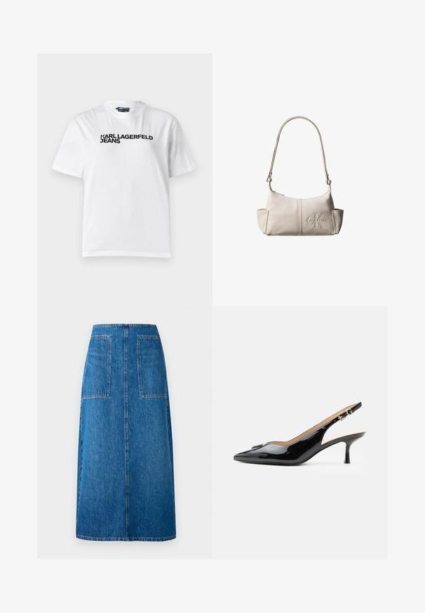 Hvid bomulds T-shirt med rund halsudskæring, korte ærmer og sort trykt tekst med ordene "KARL LAGERFELD JEANS" henover brystet.; Mørkeblå denimnederdel med lige snit, der har to baglommer og synlig syning langs kanten og lommerne.; Sort patentlæder slingback hæl med spids tå, lille kitten hæl og sølvspænde på en ensartet hvid baggrund.; Lille beige læder skuldertaske med justerbar rem og præget Calvin Klein-logo foran i midten.