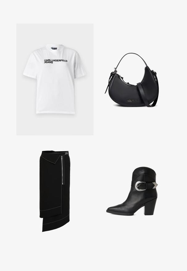 Hvid bomulds T-shirt med rund halsudskæring, korte ærmer og sort trykt tekst med ordene "KARL LAGERFELD JEANS" henover brystet.; Sort midi-nederdel med bred krave, der har en sidelukning med lynlås, hvide sy-accenter og et asymmetrisk kantdesign. Glat tekstur.; Sort læder ankelsko med spidse tæer, kraftig hæl og en bred rem med en cirkulær sølvspænde på siden. Glat tekstur.; Sort læderhåndtaske i halvmåneform med dobbelte stropper, sølv lynlås og subtilt "Karl Lagerfeld Jeans" logo foran.