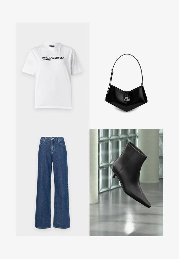 Hvid bomulds T-shirt med rund halsudskæring, korte ærmer og sort trykt tekst med ordene "KARL LAGERFELD JEANS" henover brystet.; Bredde blå denim jeans med høj talje, udstyret med forlommer og en enkelt knaplukning. Tekstureret stof med synlige sømme.; Sort læderankelstøvle med spids tå og lille hæl vist mod en væg af glasblokke og poleret gulv baggrund.; Sort skinnende læderhåndtaske med kort rem og sølvhardware formet som stiliserede initialer på frontklappen.