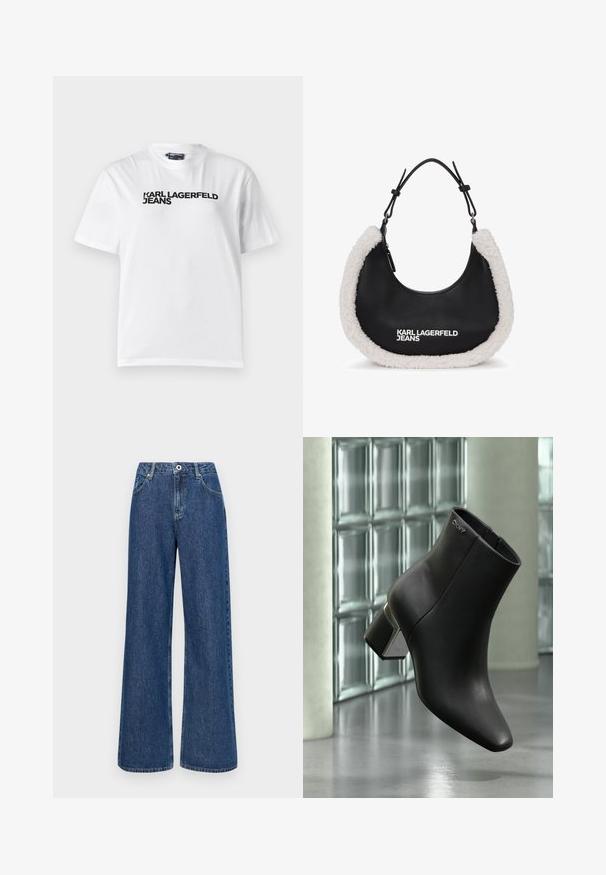 Biela bavlnená tričko s okrúhlym výstrihom, krátkymi rukávmi a čiernym potlačeným textom "KARL LAGERFELD JEANS" na prsiach.; Džíny s širokými nohavicami z modrej denimu s vysokým pásom, so prednými vreckami a jedným gombíkom na zapínanie. Štruktúrovaná tkanina s viditeľným šitím.; Čierna kožená členková čižma s blokovým podpätkom, logo DKNY blízko hornej časti, zobrazená na pozadí sklenenej blokovej steny a leštenej betónovej podlahy.; Čierna kabelka s jemným bielym umelým kožušinovým okrajom, zaobleného tvaru a so zipsovým uzáverom. Na nej je výrazne zobrazené logo "KARL LAGERFELD JEANS".