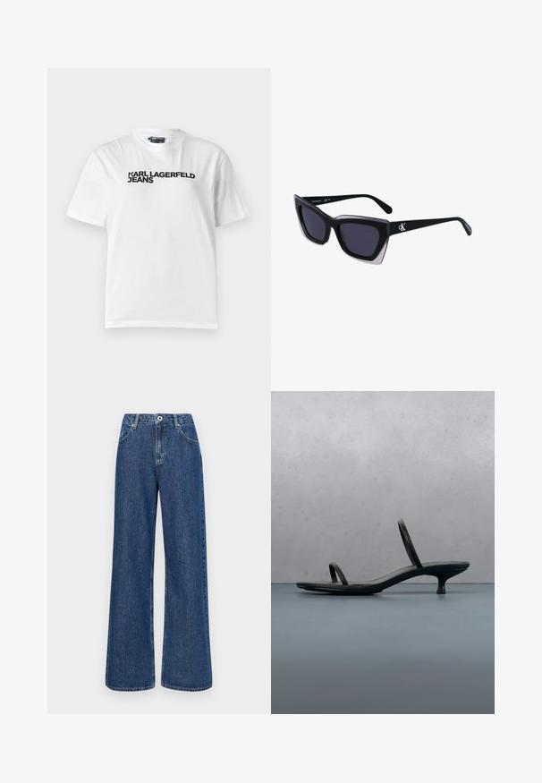Biela bavlnená tričko s okrúhlym výstrihom, krátkymi rukávmi a čiernym potlačeným textom "KARL LAGERFELD JEANS" na prsiach.; Džíny s širokými nohavicami z modrej denimu s vysokým pásom, so prednými vreckami a jedným gombíkom na zapínanie. Štruktúrovaná tkanina s viditeľným šitím.; Čierna sandála Calvin Klein na podpätku s tenkými remienkami, vyvážená na drevených dlaždiciach vonku pri stene a zelene.; Čierne oversized slnečné okuliare s geometrickým tvarom, s tmavými šošovkami a kontrastným šedým detailom na ráme. Logo na mostíku.