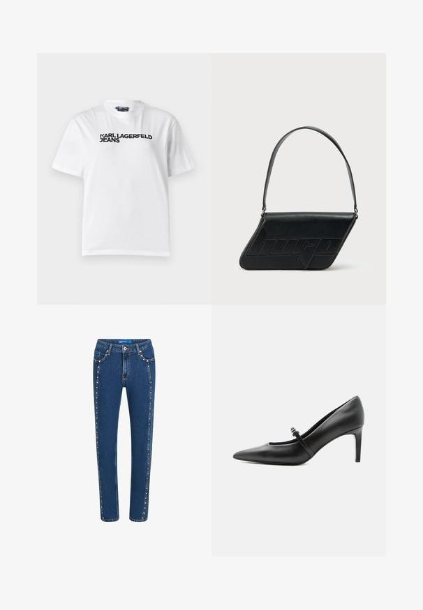 Biela bavlnená tričko s okrúhlym výstrihom, krátkymi rukávmi a čiernym potlačeným textom "KARL LAGERFELD JEANS" na prsiach.; Džínsy v tmavomodrej farbe so rovnými nohavicami, s kontrastným prešívaním a ozdobnými cvokmi pozdĺž bočných švov a predných vreciek.; Čierna kožená lodička s špicatou špičkou, tenkým remienkom a prackou cez priehlavok, stojaca na neutrálno svetlom pozadí.; Čierna kožená taška cez rameno v trojuholníkovom tvare, s vyrazeným logom a jedným nastaviteľným pásikom. Minimalistický dizajn s hladkou textúrou.