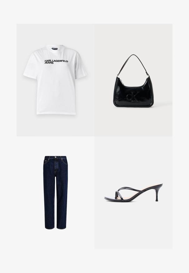 Hvid bomulds T-shirt med rund halsudskæring, korte ærmer og sort trykt tekst med ordene "KARL LAGERFELD JEANS" henover brystet.; Mørkeblå denim jeans med lige ben-design, der har høj talje, fem-lomme-stil og kontrastsyninger. Ingen dekorationer.; Sort laklædersandal med hæl, tynde krydsede remme og en slank mellemhøj stilethæl på en hvid baggrund.; Sort patentlæder håndtaske med et buet topgreb, lynlåsslukning og prægede "cK" logo på fronten. Glat tekstur, struktureret form.