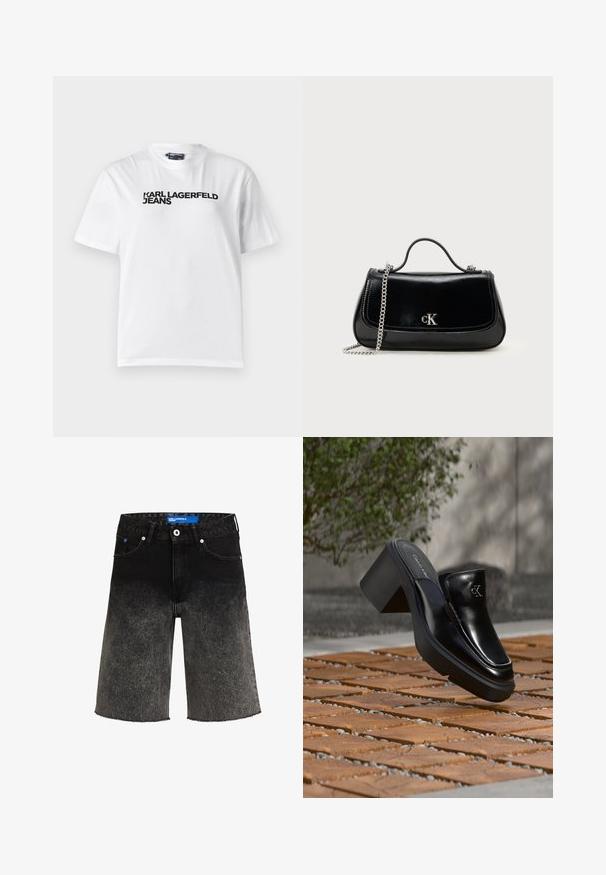Biela bavlnená tričko s okrúhlym výstrihom, krátkymi rukávmi a čiernym potlačeným textom "KARL LAGERFELD JEANS" na prsiach.; Čierne denimové šortky s postupným prechodom z tmavej na svetlú farbu. Obsahujú roztrhnutý lem, dve predné vrecká a označenie s modrou nášivkou na páse.; Čierne kožené šľapky Calvin Klein s blokovým podpätkom, ktoré oddychujú na drevených dlaždiciach vonku blízko zelenej rastliny a šedej steny.; Čierna kožená kabelka s reťazovou rukoväťou, pevný tvar a strieborný akcent s logom. Hladký povrch s klapkovým uzatváraním.