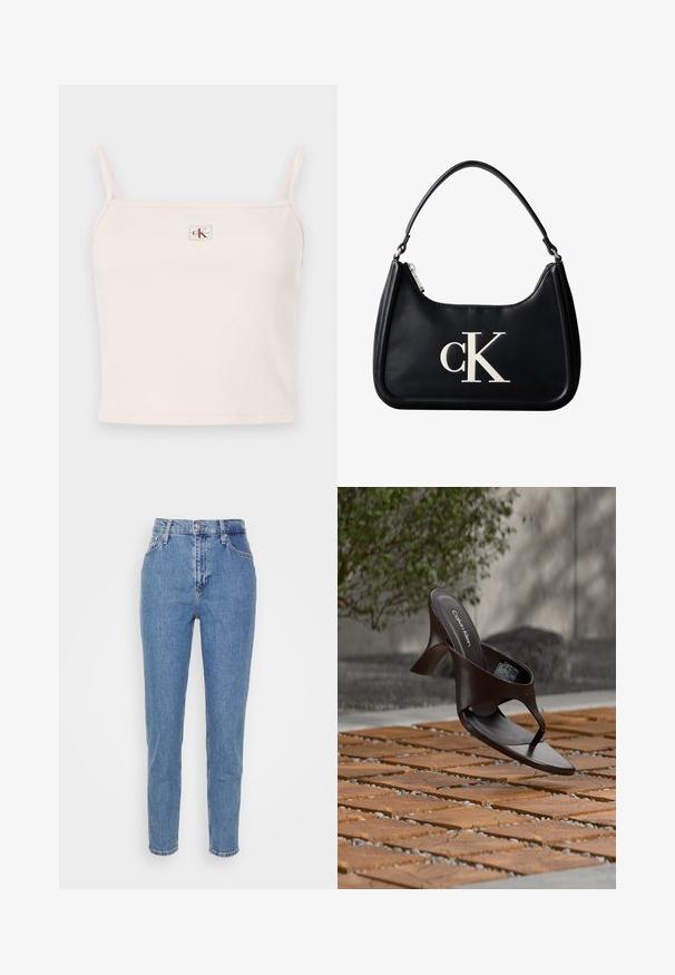 Lichtroze geribde tanktop met dunne bandjes, afgewerkt met een vierkante halslijn en een klein, merklabel aan de voorkant.; Blauwe high-waisted straight-leg jeans met een knoop en rits aan de voorkant, riemlussen en zakken, weergegeven op een effen witte achtergrond.; Bruine Calvin Klein teenslipper met hak, hangend boven houten tegels en grind op een buitenvloer met een vage achtergrond van groen en stenen.; Zwarte leren schoudertas met zilveren ritssluiting en wit "cK"-logo gecentreerd aan de voorkant.