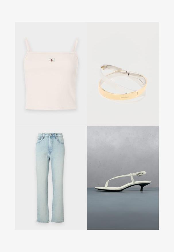 Lyserød ribbet top med tynde stropper, der har en firkantet udskæring og et lille, mærket logo på forsiden.; Lyseblå jeans med høj talje og lige ben, med forreste knap, bæltestropper og klassisk femlomme design mod en ensfarvet baggrund.; Hvid sandal med stropper og kitten-hæl med spids tå, svævende over et trægulv udendørs med en sløret plante og væg i baggrunden.; Sammenflettede polerede metalarmbånd i sølv- og guldfarver, et med indgraveringen "Calvin Klein" logo, på en hvid baggrund.