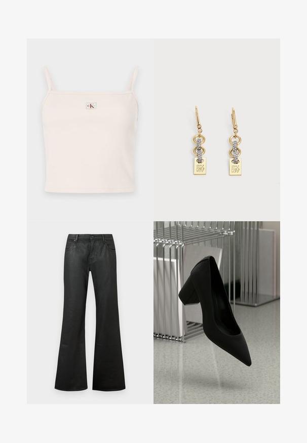 Lyserød ribbet top med tynde stropper, der har en firkantet udskæring og et lille, mærket logo på forsiden.; Sorte flared jeans lavet af denim med en glat tekstur, almindelig taljehøjde, fem lommer og knaplukning.; Sort højhælet sko med spidse tæer og en kraftig hæl, lavet af struktureret læder, svævende over et glat gulv.; Øreringe i guldfarvet tone med dråbeformede vedhæng med rhinsten og rektangulære vedhæng med DKNY-logo graveret på en hvid baggrund.