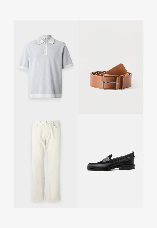 Helles graues Polohemd mit einem strukturierten Muster, kurzen Ärmeln und einem kontrastierenden weißen Kragen und Saum. Dreiknopf-Leiste auf der Vorderseite.; Hellbeige gerade geschnittene Jeans aus Baumwoll-Denim. Mit Taschen, klassischem Knopfverschluss und einer subtilen Textur ohne Muster.; Schwarzer Lederloafer mit grauem Riemendetail, niedrigem Absatz und strukturierter Sohle, seitlich mit „HUGO“ in Gold gebrandmarkt.; Hellbrauner Ledergürtel, zusammengerollt, mit glänzender silberner rechteckiger Metallschnalle auf weißem Hintergrund.
