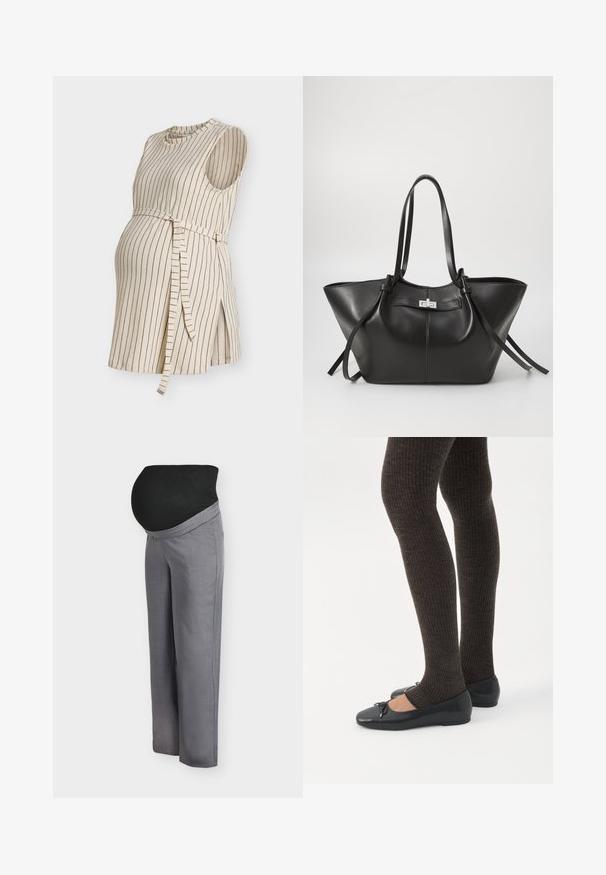 Robe de maternité beige sans manches avec rayures noires verticales et ceinture nouée en tissu, dotée de fentes latérales pour le confort.; Pantalon de maternité avec une large ceinture noire extensible, tissu gris clair, coupe décontractée et jambes droites, idéal pour le confort pendant la grossesse.; Jambes portant des leggings côtelés foncés associés à des ballerines noires avec de petits détails en nœud sur fond blanc.; Sac fourre-tout en cuir noir avec une forme triangulaire large. Il est doté d'un fermoir métallique élégant, de longues anses et d'une texture lisse.