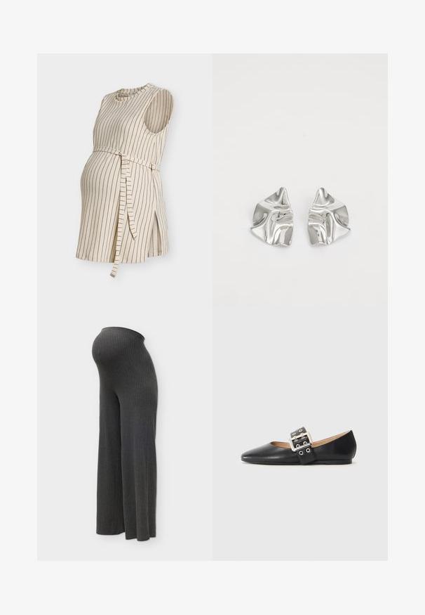 Robe de maternité beige sans manches avec rayures noires verticales et ceinture nouée en tissu, dotée de fentes latérales pour le confort.; Pantalon de maternité côtelé gris foncé avec jambes larges et ceinture élastique conçue pour s'adapter à un ventre de femme enceinte.; Chaussure plate en cuir noir avec un bout pointu et une bride décorative à boucle équipée de ferrures argentées et de petites découpes.; Boucles d'oreilles en métal argenté avec un design ondulé et sculptural, présentant une finition polie et des formes irrégulières, mettant en valeur une esthétique contemporaine.