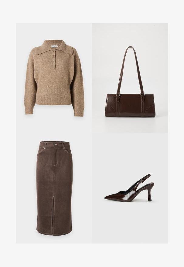 Brun sweater med krave, ribbede manchetter og kant. Har en knaplukning foran og en blød tekstur.; Brun ruskind pencilskørt med frontslids, kontrasterende hvid syning og klassisk fem-lomme design. Klassisk knaplukning i taljen.; Brune patenterede læderslingback-sandaletter med spids tå, en tynd hæl og justerbar rem med en lille spænde.; Brun lakeret håndtaske med rektangulær form, to lange håndtag og subtile buede detaljer på fronten.