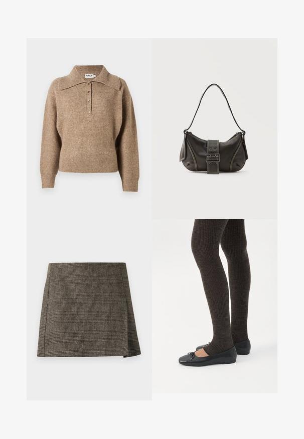 Brun sweater med krave, ribbede manchetter og kant. Har en knaplukning foran og en blød tekstur.; Brun og grå plaid mini nederdel med subtilt sidesnit, lige snit og tekstureret stof.; Ben iført mørke ribbede leggings kombineret med sorte balletsko med små sløjfedetaljer på hvid baggrund.; Sort læder skuldertaske med spænde på remmen, afrundede kanter og kontrasterende hvide syninger på en ensfarvet baggrund.
