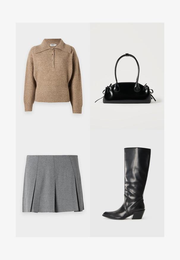 Brun sweater med krave, ribbede manchetter og kant. Har en knaplukning foran og en blød tekstur.; Grå plisseret mini-nederdel lavet af tekstureret stof, med et rutenetmønster og en lige skæring med sideslidser.; Sorte læder knæhøje støvler med spids tå, vinklet hæl og glat tekstur. Funktioner en subtil syning langs siden.; Lille sort blank håndtaske med to lange håndtag og snøre-detaljer i siden på en ensfarvet lys baggrund.