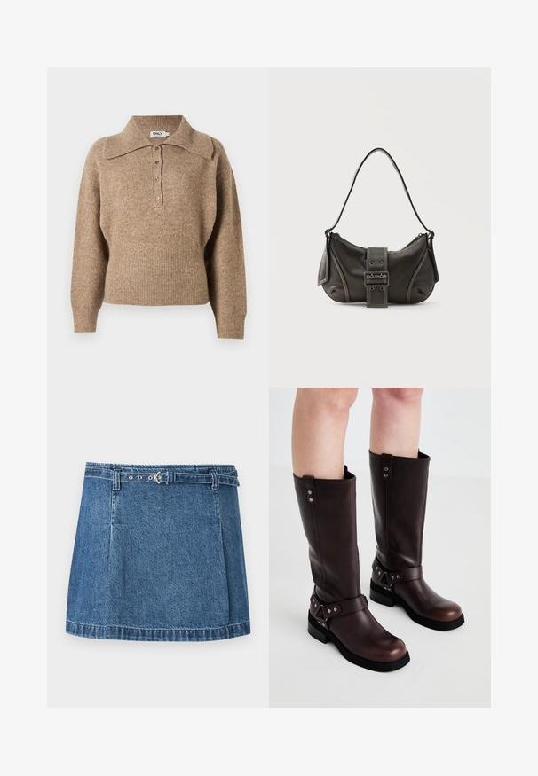 Brun sweater med krave, ribbede manchetter og kant. Har en knaplukning foran og en blød tekstur.; Blå denim mininederdel med syninger ved kanten og et tyndt matchende bælte med sølvfarvet spænde, lagt fladt på en lys baggrund.; Brune læder knæ-høje støvler med en glat tekstur, der har en bred rem og trekantede metal detaljer samt flade gummisåler.; Sort læder skuldertaske med spænde på remmen, afrundede kanter og kontrasterende hvide syninger på en ensfarvet baggrund.