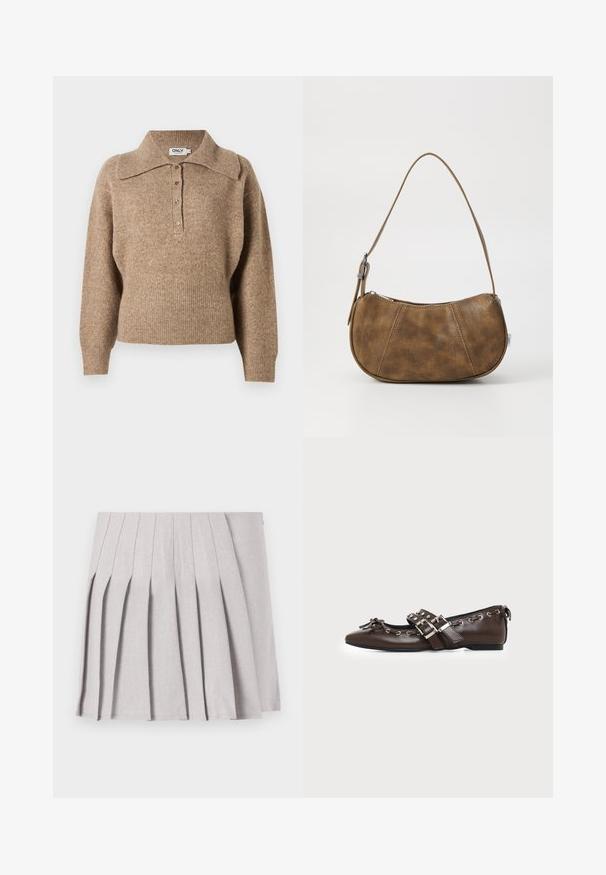 Brun sweater med krave, ribbede manchetter og kant. Har en knaplukning foran og en blød tekstur.; Grå plisseret nederdel med en glat tekstur, der har flere lodrette folder og en tætsiddende talje. Fremstillet af letvægtsstof.; Mørkebrune lædersko med flad sål og spids snude, dobbelt sølvsnørrebånd, metaløjer og dekorativ sløjfe foran.; Brun faux læder skuldertaske med en buet form, en enkelt strop, kontrasterende syninger og en lynlåslukning langs den øverste kant.