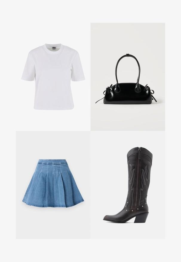 Witte T-shirt met korte mouwen van katoen, met een ronde hals, een ontspannen pasvorm en een gladde textuur met minimale stiksels.; Denim plissé rok in lichtblauw met een aansluitende tailleband, uitlopend aan de zoom, met subtiele stikdetails en een zachte textuur.; Bruine leren cowboylaarzen met vlamstiksels, zijrits, zilveren studs, spits toelopende neus en gestapelde hak.; Kleine zwarte glanzende handtas met twee lange hengsels en zijkant trekkoord details op een effen lichte achtergrond.