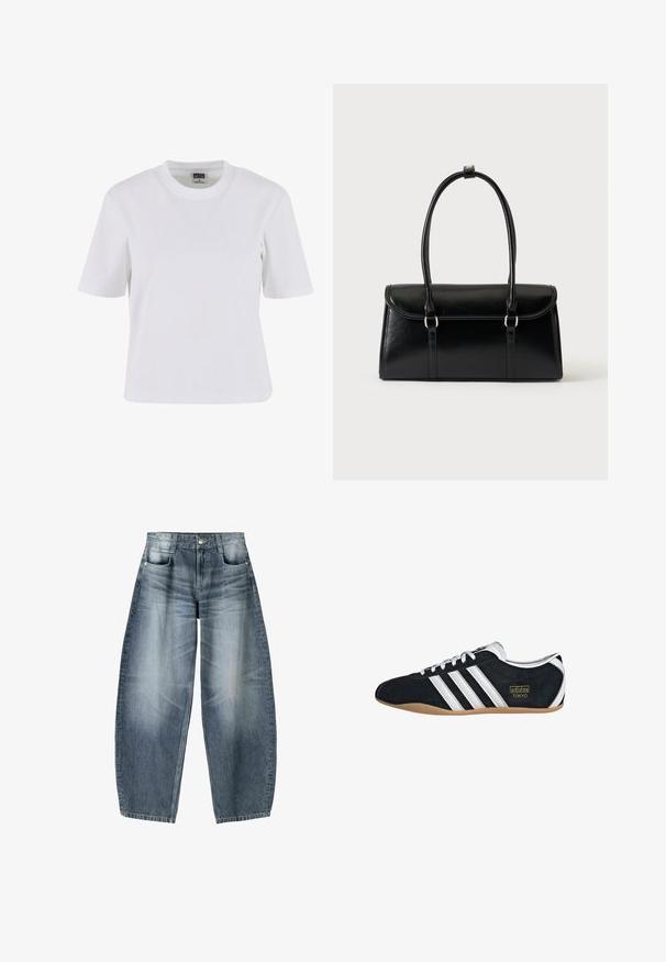 Witte T-shirt met korte mouwen van katoen, met een ronde hals, een ontspannen pasvorm en een gladde textuur met minimale stiksels.; Wijd gesneden jeans van lichtblauwe denim met vervaging, met een vijf-pocket ontwerp, knoopsluiting en minimale stikdetails.; Zwarte suède sneaker met witte drie strepen, gouden logo en een bruine rubberen zool. Heeft een laag profiel vetersluiting ontwerp.; Zwarte leren rechthoekige handtas met klep en twee lange handvatten tegen een effen witte achtergrond.