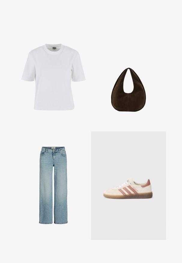 Witte T-shirt met korte mouwen van katoen, met een ronde hals, een ontspannen pasvorm en een gladde textuur met minimale stiksels.; Lichtblauwe rechte denim jeans met voorzakken, ceintuurlussen en een knoopsluiting, afgebeeld tegen een witte achtergrond.; Beige suède sneaker met roze accenten, drie roze strepen, witte veters en een doorzichtige bruine zool. "Spezial" branding aan de zijkant.; Donkerbruine suède handtas in halve maanvorm met een enkele brede riem en een gladde textuur op een witte achtergrond.